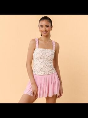 Blogilates NEW Floral Square-Neck Pink & Cream ATHLETIC TOP